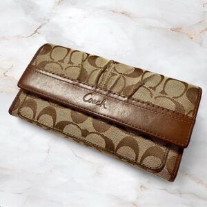Coach Signature Jacquard and Chocolate Leather Vintage Tri-fold Long Wallet